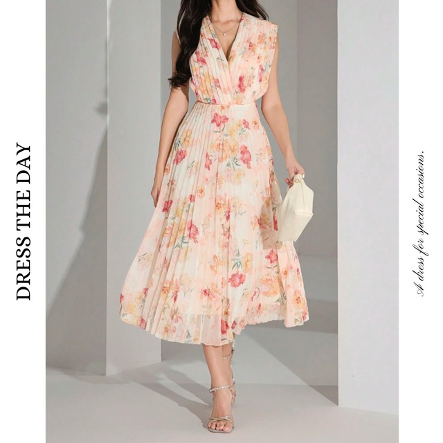 フローラルプリーツワンピース W0028