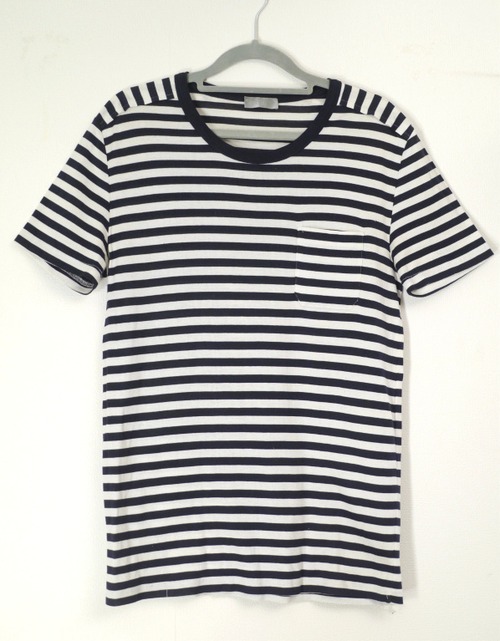 美品◆DIOR HOMME ディオールオム ボーダー柄 半袖 カットソー ポケット Tシャツ S 白x紺◆ ワンポイントにピッタリのホワイトxネイビー♪