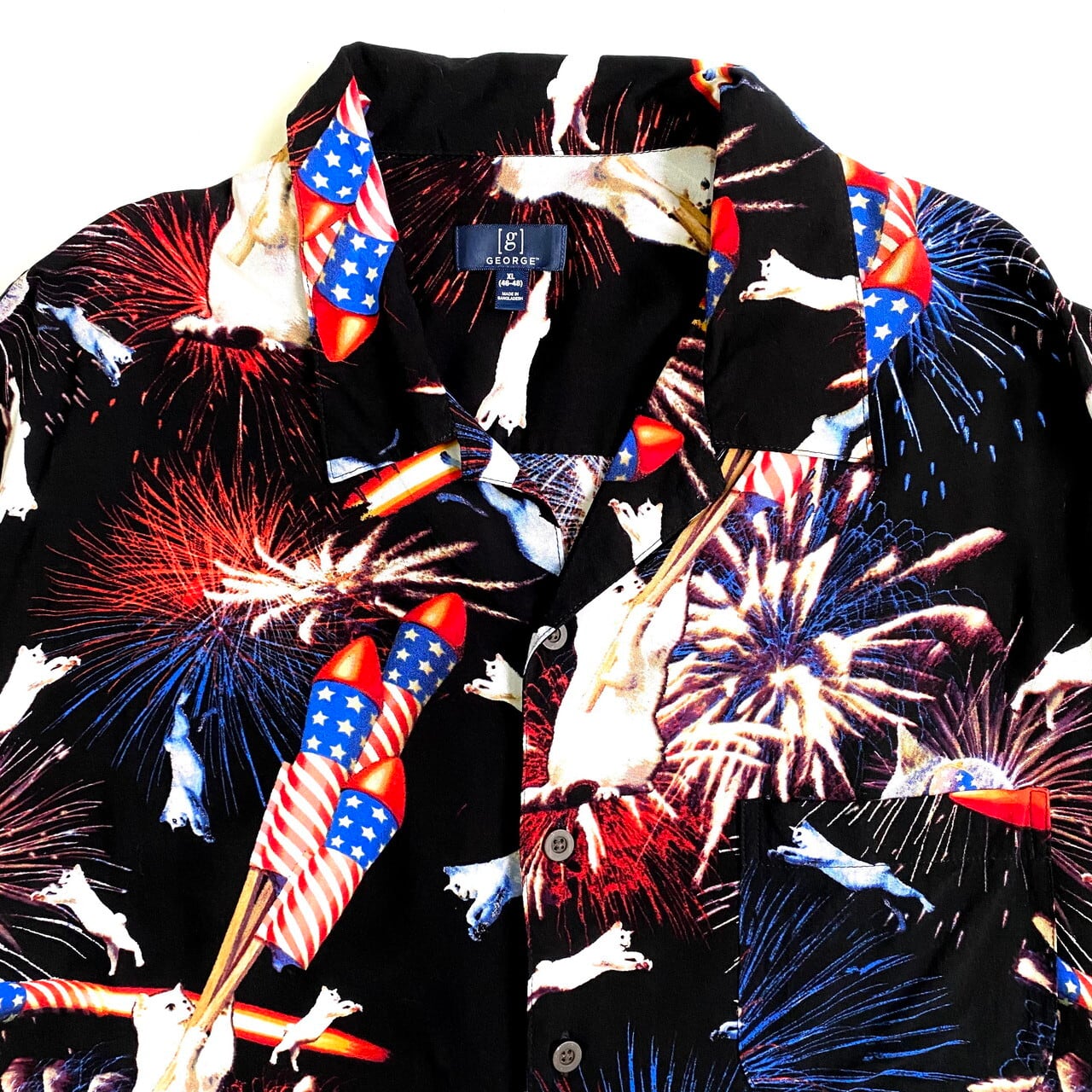 GEORGE 開襟 オープンカラー 半袖 総柄 猫 アニマル 花火 アメリカ