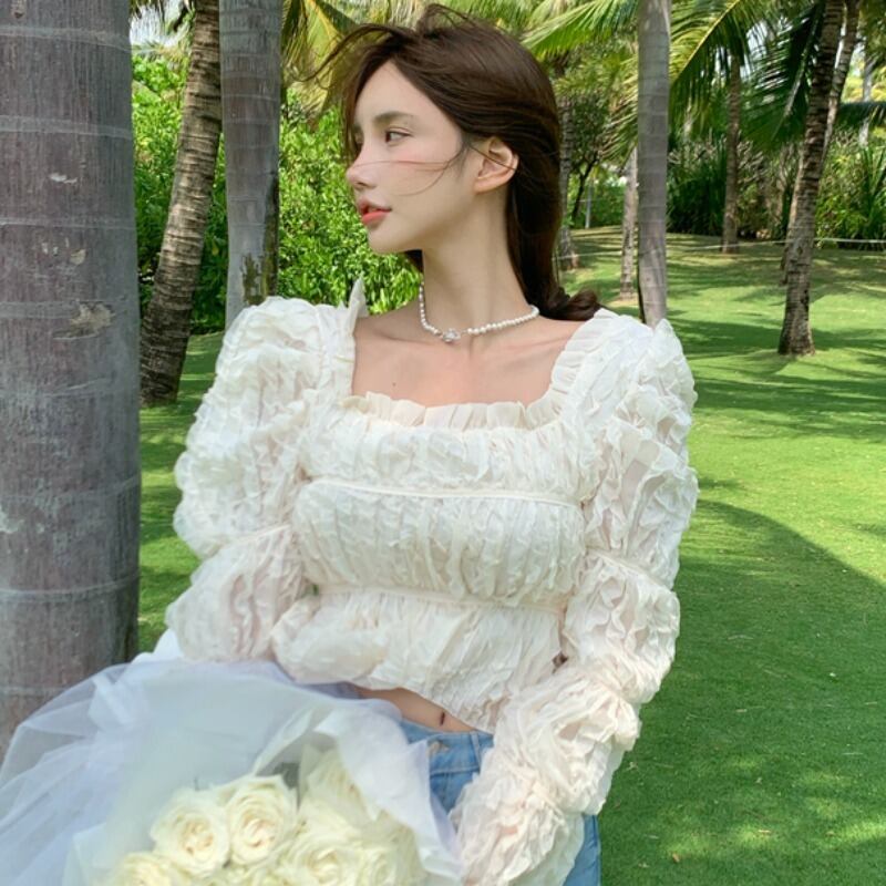 スリーブレースシフォンシャツ スプリングサマーショートトップス ロング 春物 夏物 オフショルダー YY-ファッション65660457869