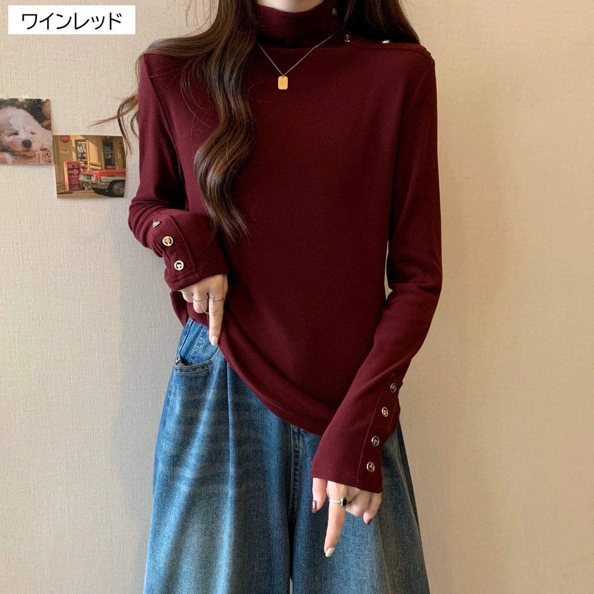 レディース トップス ニット セーター 丈長 長袖 萌袖 ハイネック 薄手 