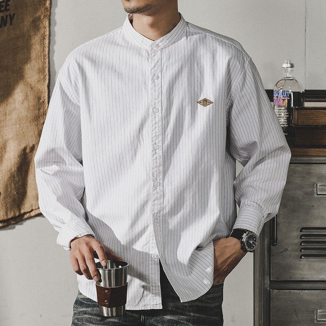 Collarless vintage stripe shirt ( 2color )