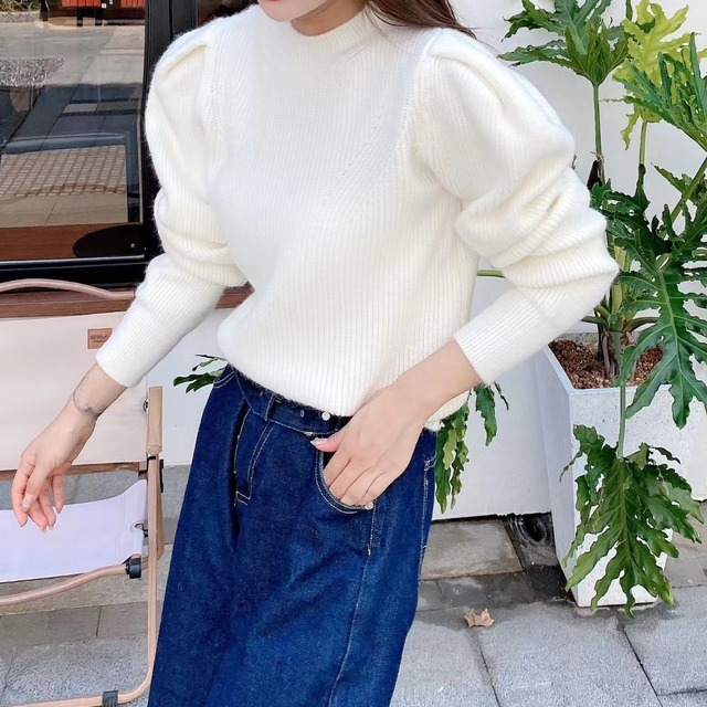 High neck puff sleeve sweater《5color》