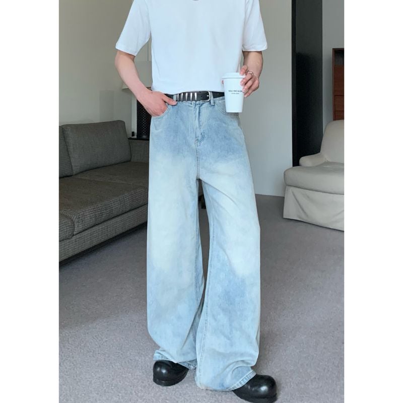 ウォッシュ加工ワイドストレートジーンズ C10409