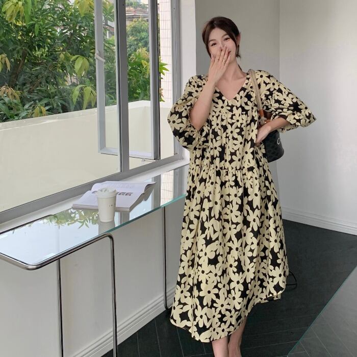 カラースリーブルーズドレス ロングスカート ランタンスリーブ ドラファッションホール68433953637