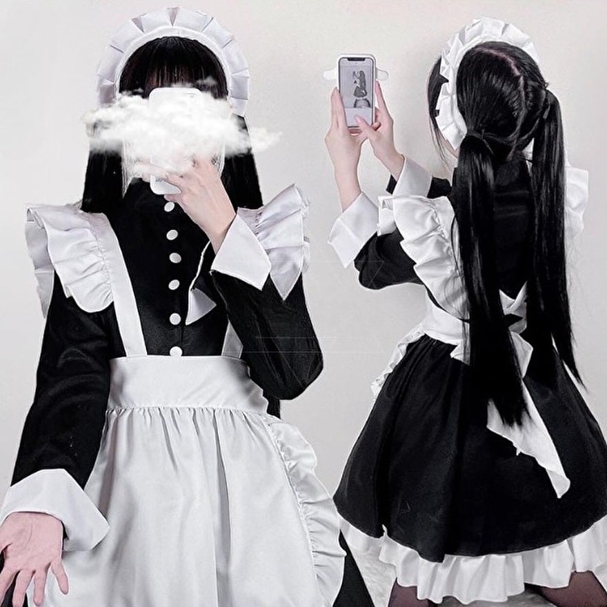 サブカル 服 地雷系 通販 メイド服 セット コスプレ 衣装 ロリータ ワンピース ミニ丈 長袖 エプロン レース フリル 秋葉原系 コンカフェ