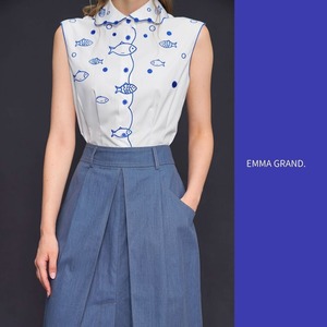 潮の音に包まれる魚たちのノースリーブシャツ　E00572