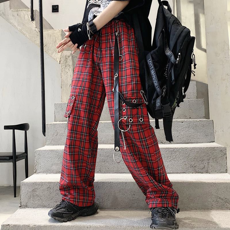 ライブ 参戦服 チェック柄 パンツ レトロ イージーパンツ ストリート系ファッション