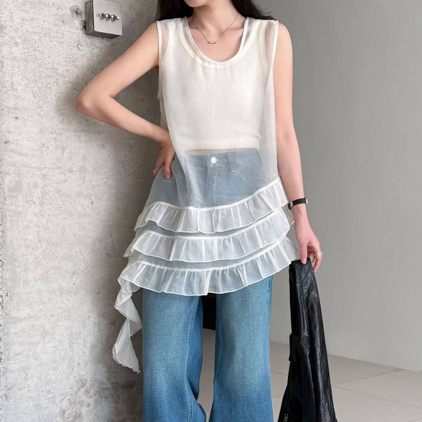 frill asymmetrical sleeveless tunic　J00513