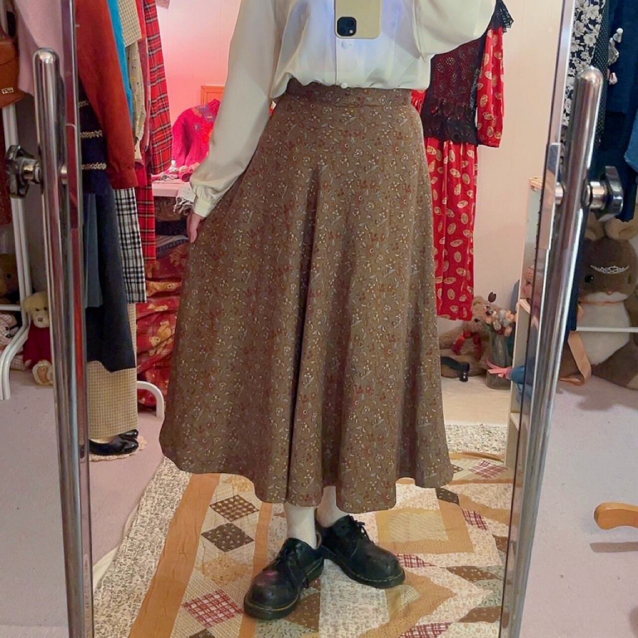 brown flower leaf flare skirt