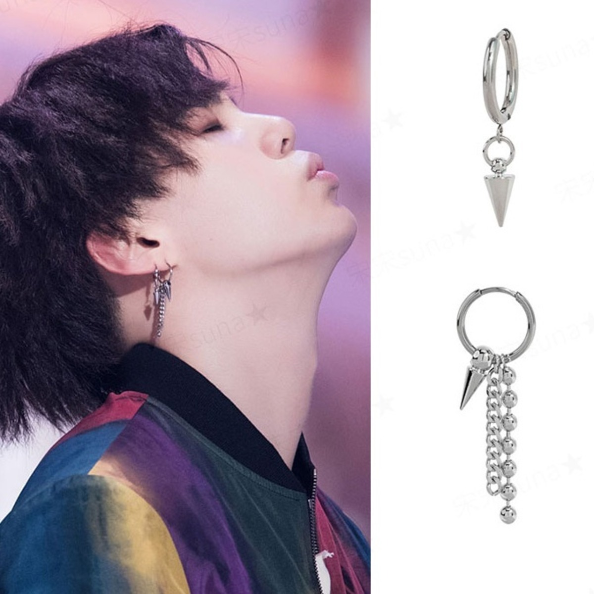 BTS SUGA 着用モデル スタッズコーン チェーンピアス | 日本未入荷  