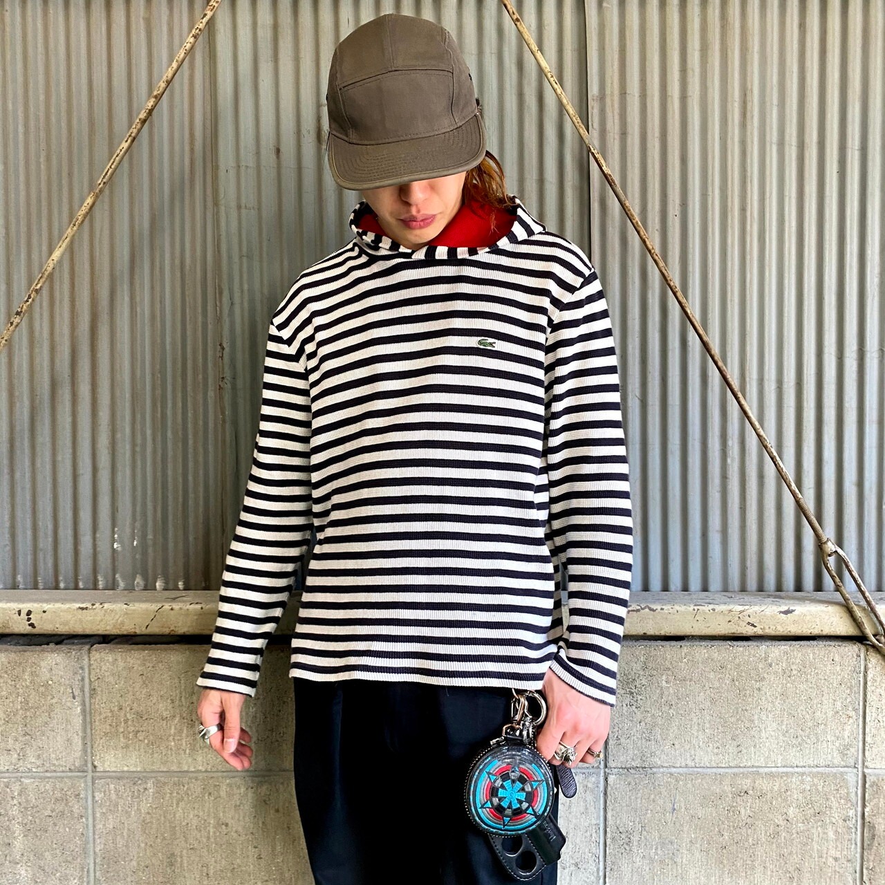 ラコステ ボーダー フーデッド 長袖サーマルロングTシャツ メンズS 