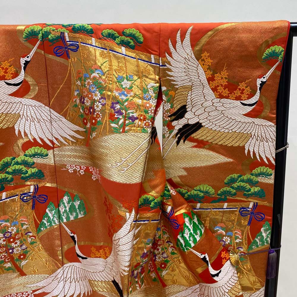 色打掛 正絹 松 鶴 刺繍 金 オレンジ 青海波 打掛 花嫁衣裳 婚礼 