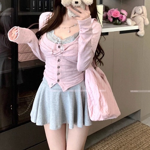 【3点セット】2色／ボタンツイストトップス＋レースネックキャミ＋ミニスカート ・71315