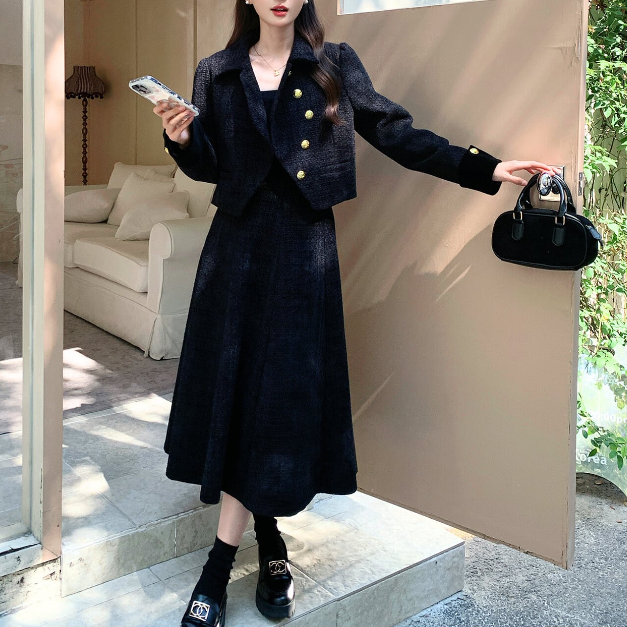 Black tweed jacket & skirt set S1752