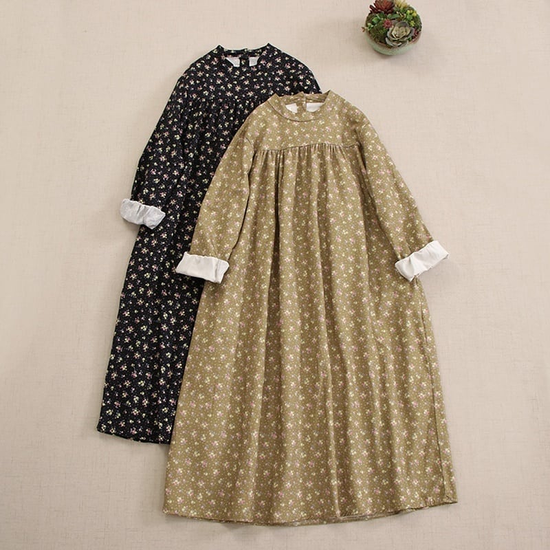 花柄スタンドカラーゆったりワンピース W0805