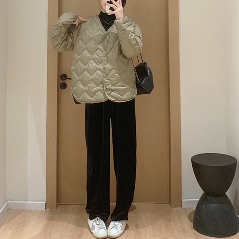 ノーカラー キルティング Vネック 中綿ジャケット ◇3color 204437