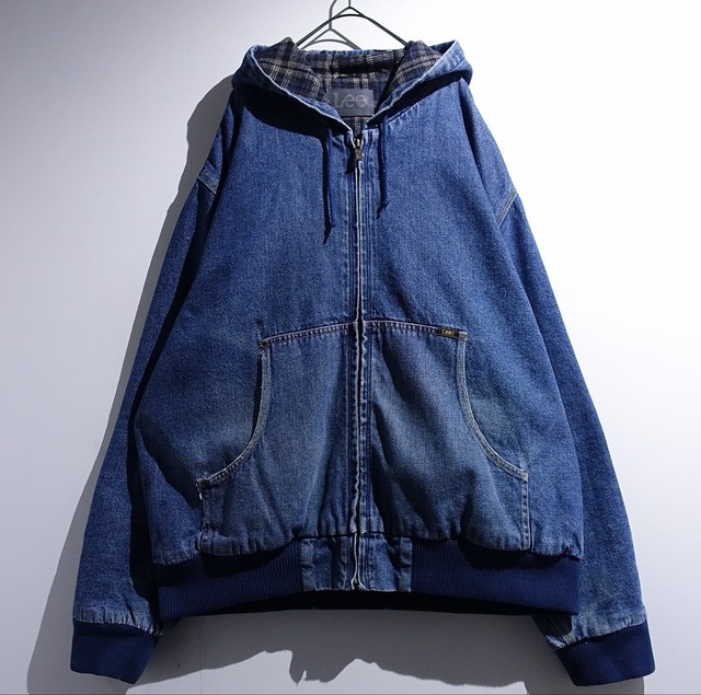 90s “Lee” Denim Check Flannel Lining Zip Hooded Jacket