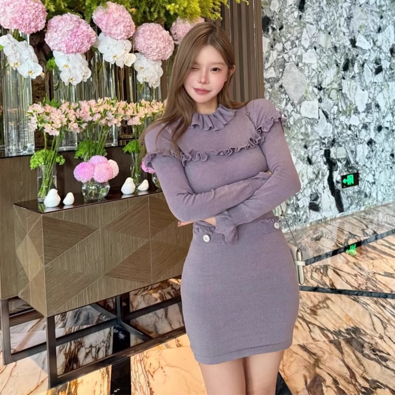 【dress】ギャザーフリルニットワンピース Q7631