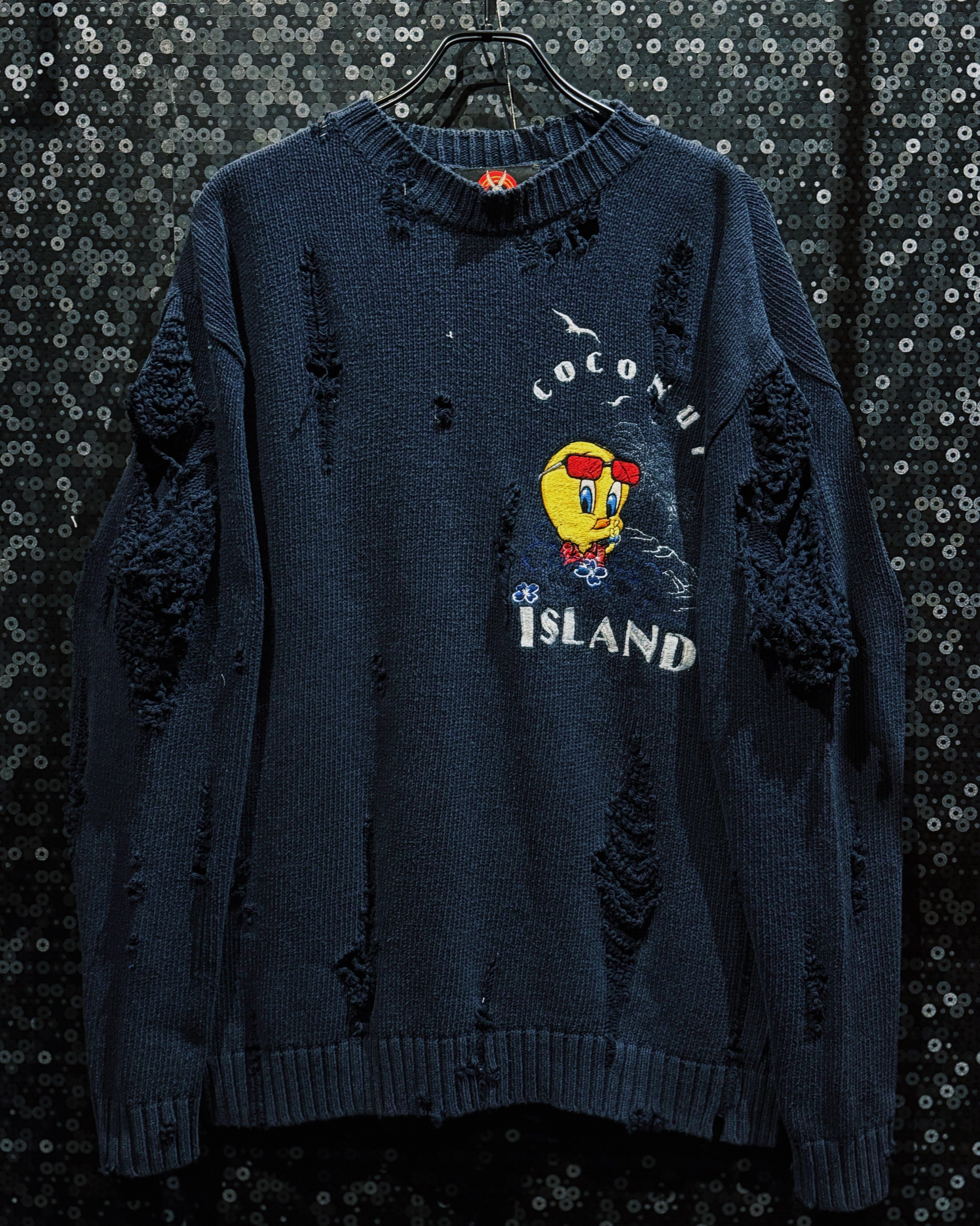 【ÆIEM】original “boro” re:make LOONEY TUNES “TWEETY COCONUT ISLAND” Distressed Knit – Navy Crash Edition