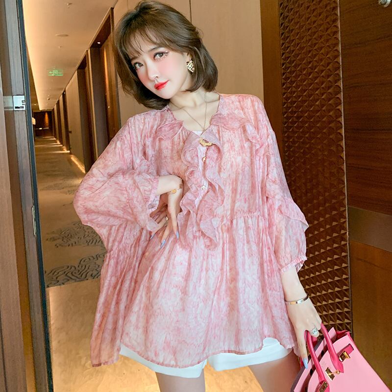 レースルーズ薄手Vネックプリントシャツ サマースタイル 夏物 ステッチ MIUCO27685151439