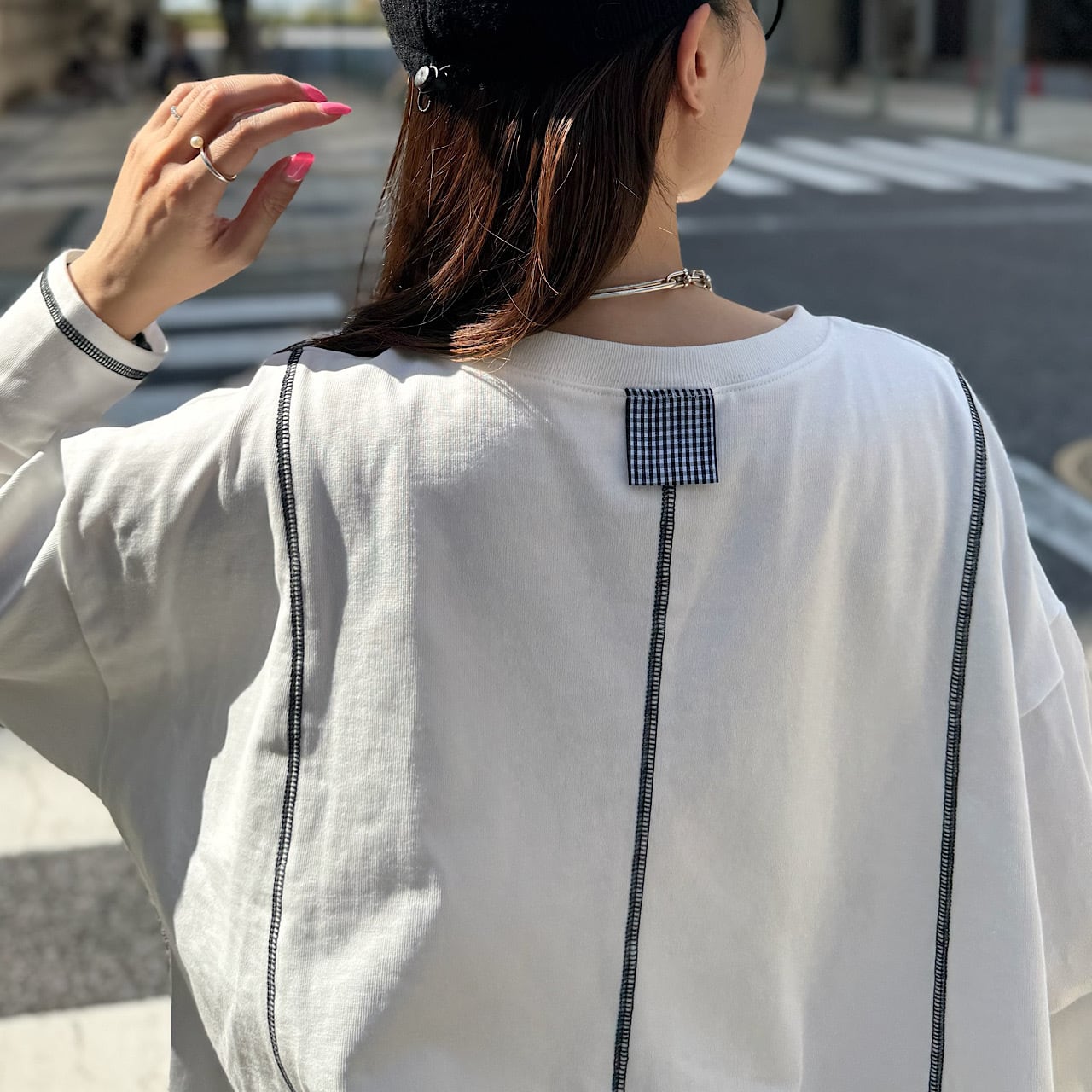 ギンガムフレアタグロングスリーブTシャツ（オフ） | LINKABLE