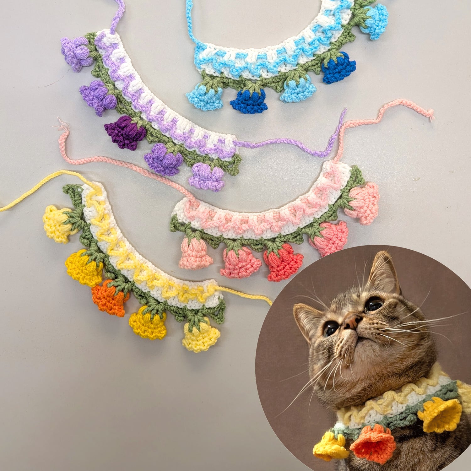 ネコノテ堂セレクト】まるで花束みたいな毛糸の首飾り 猫 首輪 青 紫