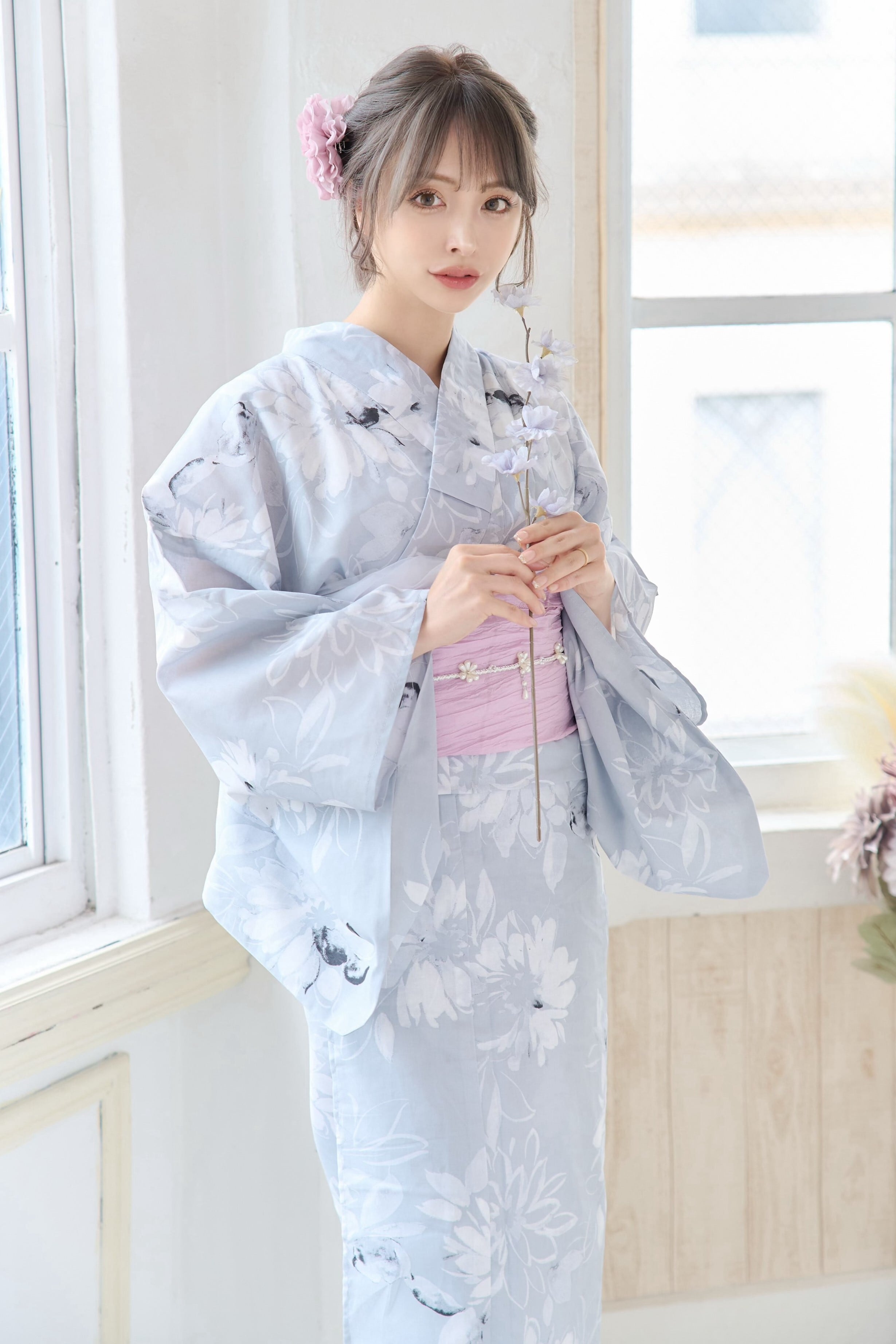 浴衣4点set水彩の花まつり(薄灰色) Y4-24 | ANDESIR【アンデジール