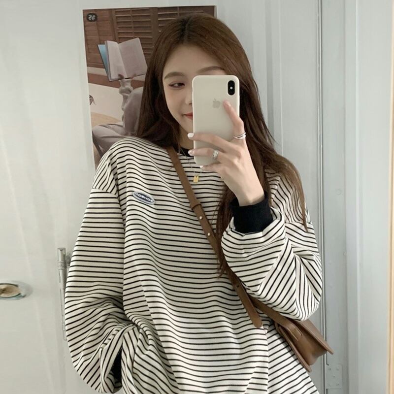 スタイルストライプTシャツ スプリングオータムルーズトップス ロング 春物 秋物 スーパーモール46927683935