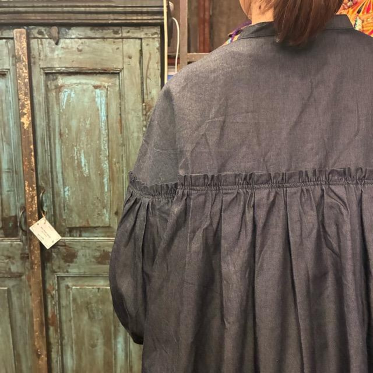 UNIVERSAL TISSU 5.4oz Denim Band Collar Blouse, Shirt, Outerwear, Cotton, Linen