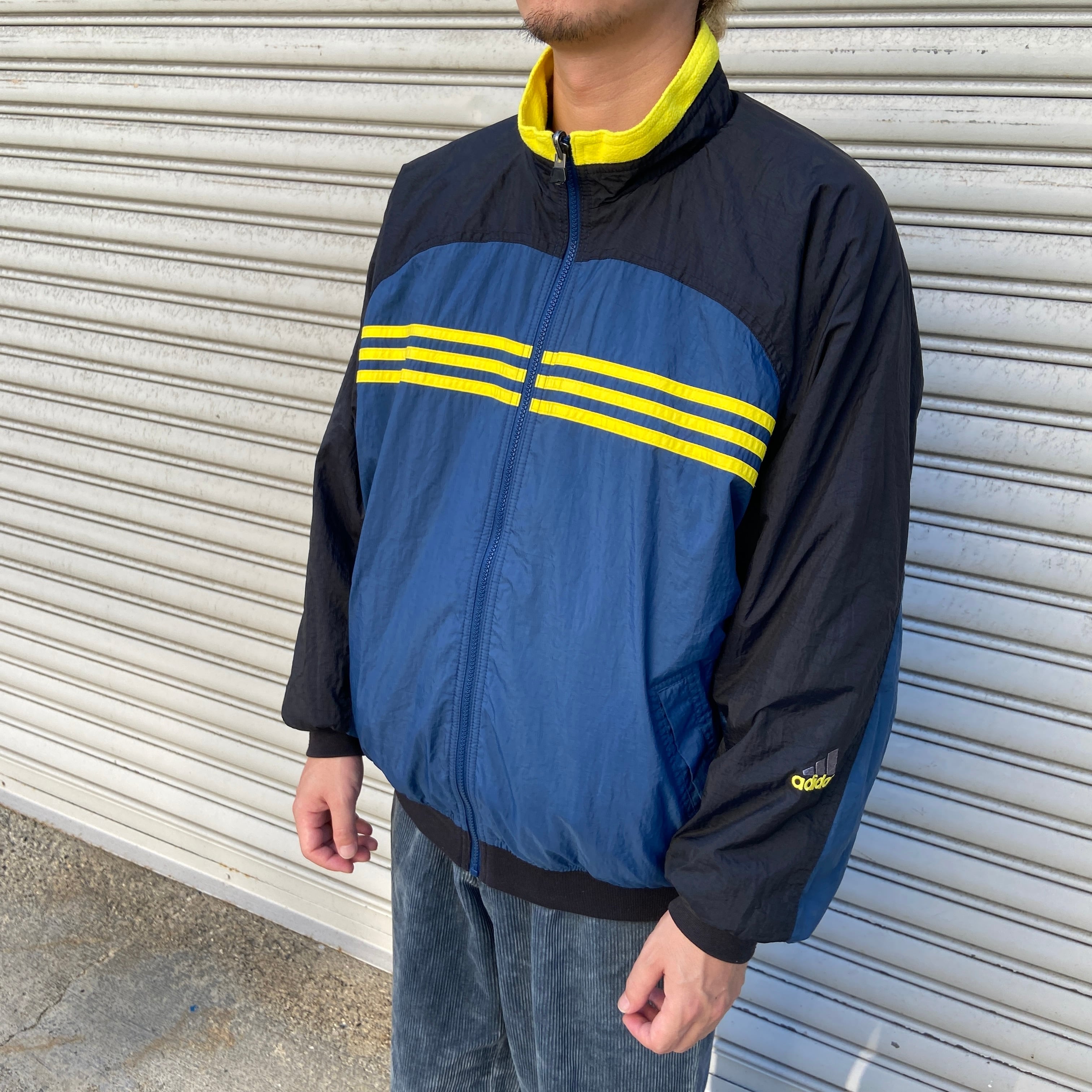 90s adidas リバーシブルナイロンジャケット 万国旗タグ 紺 黄 M 