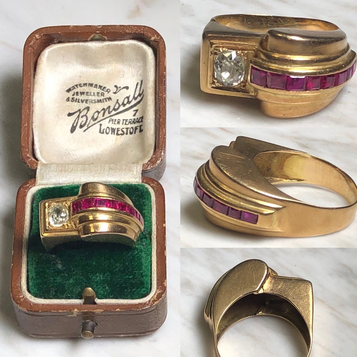 vintage c1940 18ct gold tank ring set with ruby&diamond | NOIR ONLINE