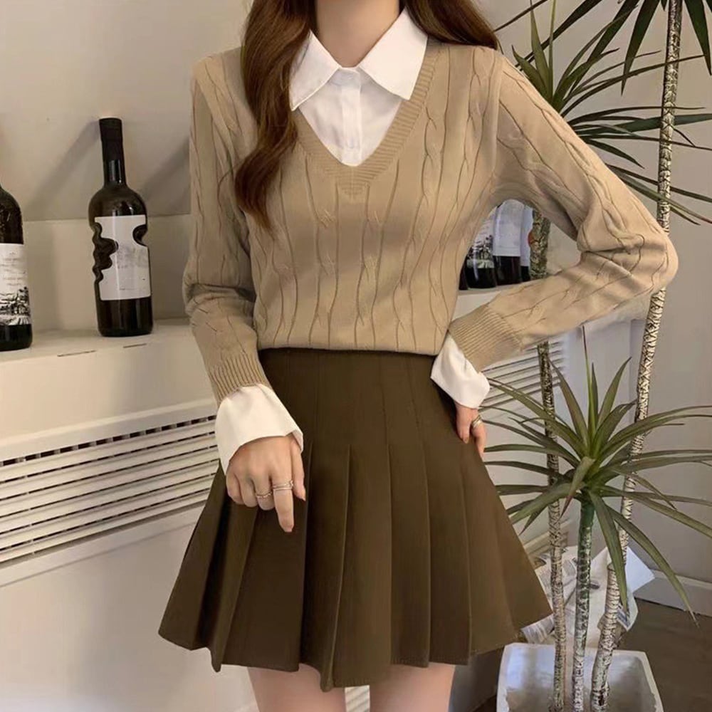 レイヤード風 ニット トップス レディース 春秋冬 韓国 重ね着 長袖 おしゃれ 大人 かわいい カジュアル シャツニット ブラウス 大人可愛い 大人女子