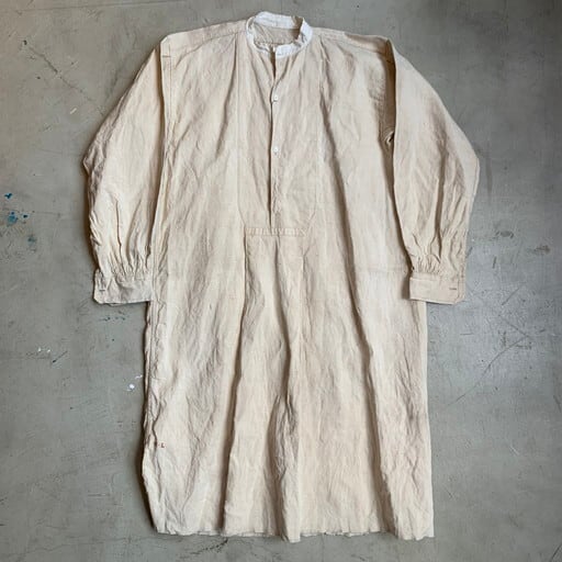 1900's~1920's UNKNOWN フレンチリネンスモック グランパシャツ 麻 オフホワイト 生成り バンドカラー アンティーク シェルボタン 2トーン 烏賊胸 M位 希少 ヴィンテージ BA-1022 RM1391H