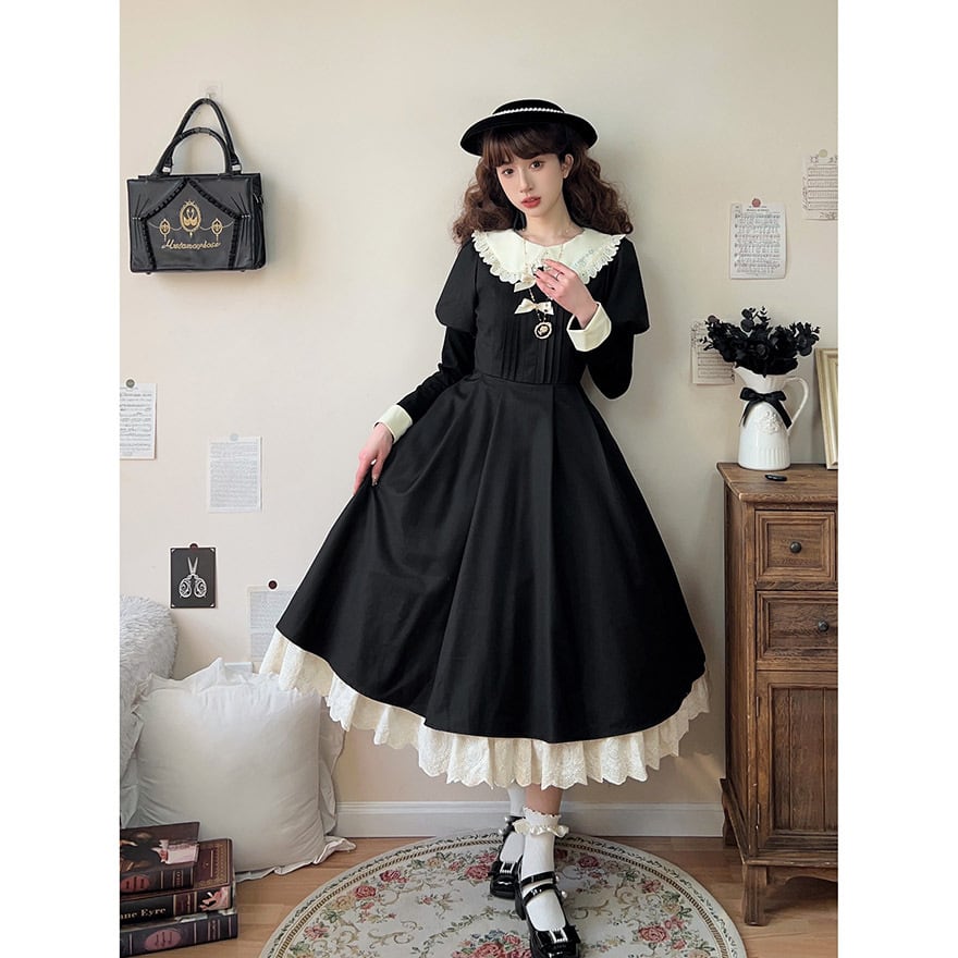 80s激レア！Cornet姫袖2way黒ドレスワンピース/昭和レトロ/y2k美品 別衿・姫袖付きドレスワンピース 黒｜東京ロリィタ-TOKYO LOLITA