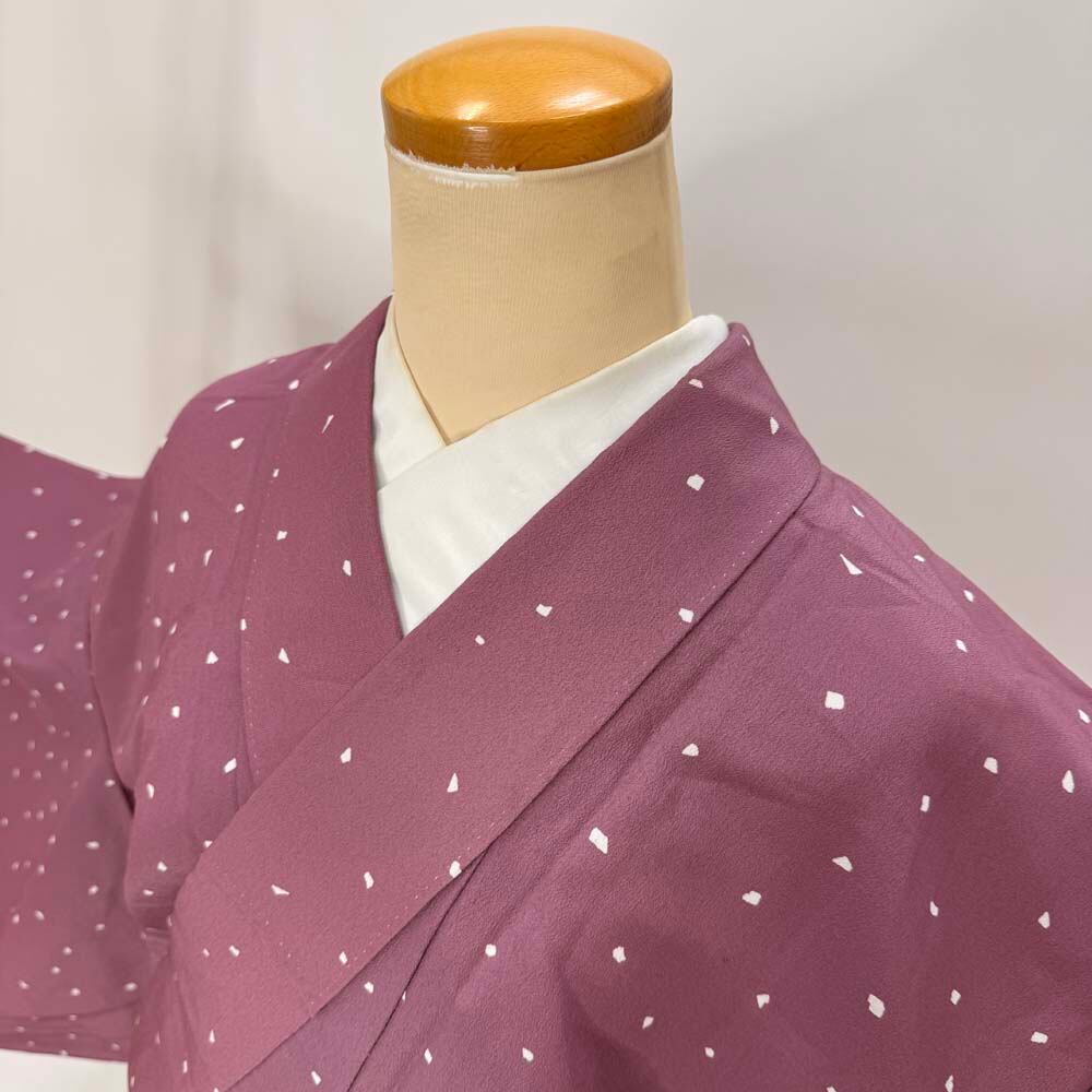 小紋 単衣 洗える着物 裄63.8cm 身丈155cm 花柄 ピンク 紫 お洒落着 普段着 ポリエステル 美品 S サイズ 5262