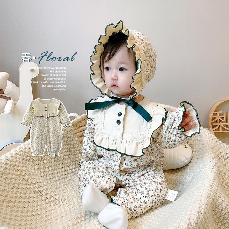 ワンピースグリーンフローラルスプリング ロング コットン 帽子 春物 花柄 超面白いベビーショップ94875872424