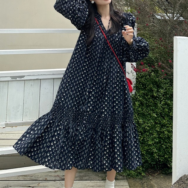 v-neck puff sleeve one-piece　J00223