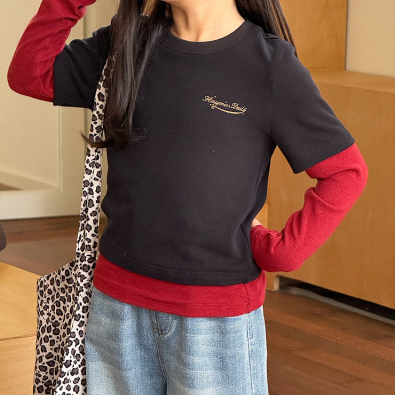 秋レイヤードカラーブロックTシャツ