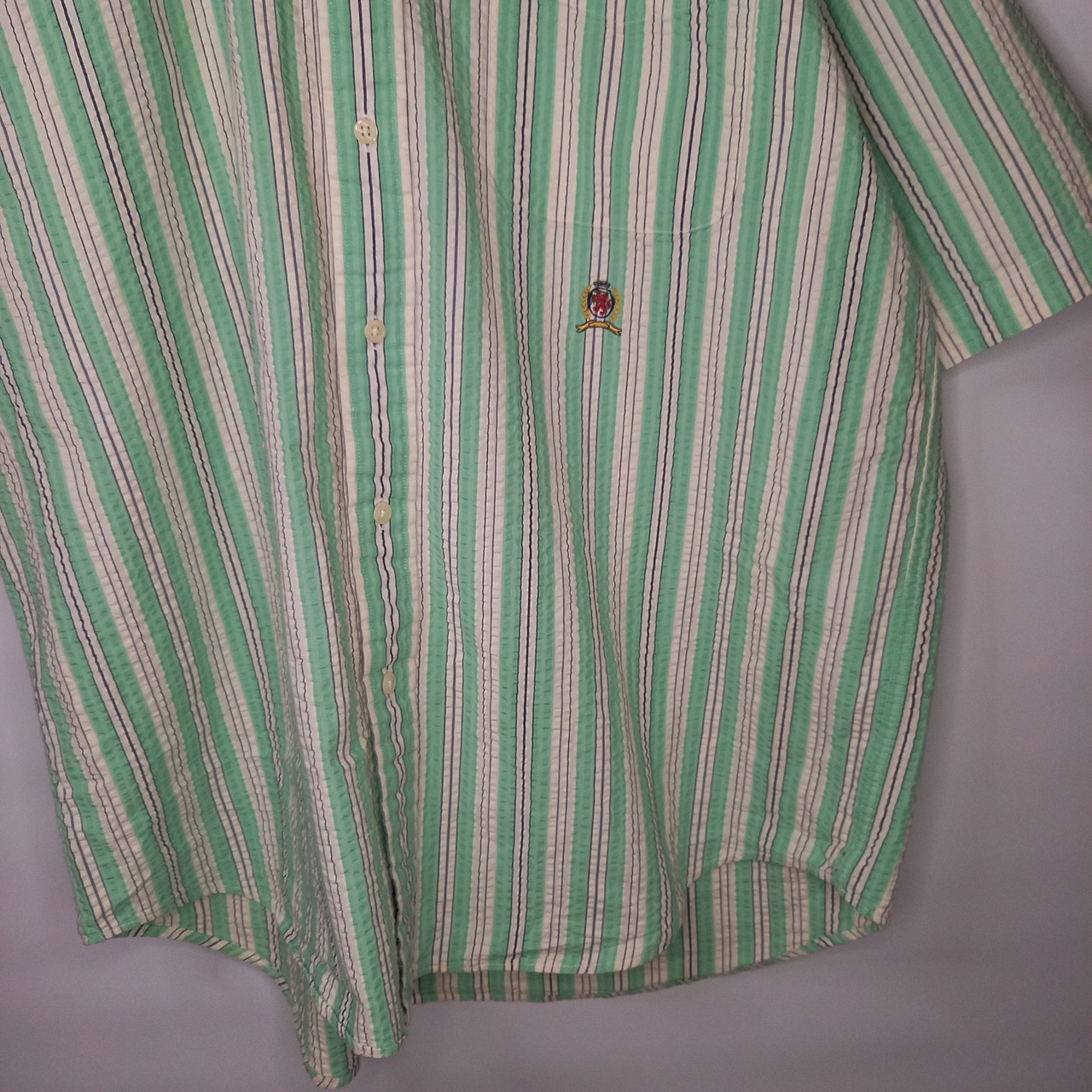 90s　トミーヒルフィガー　シアサッカー　BDシャツ　半袖　刺繍ロゴ　ストライプ