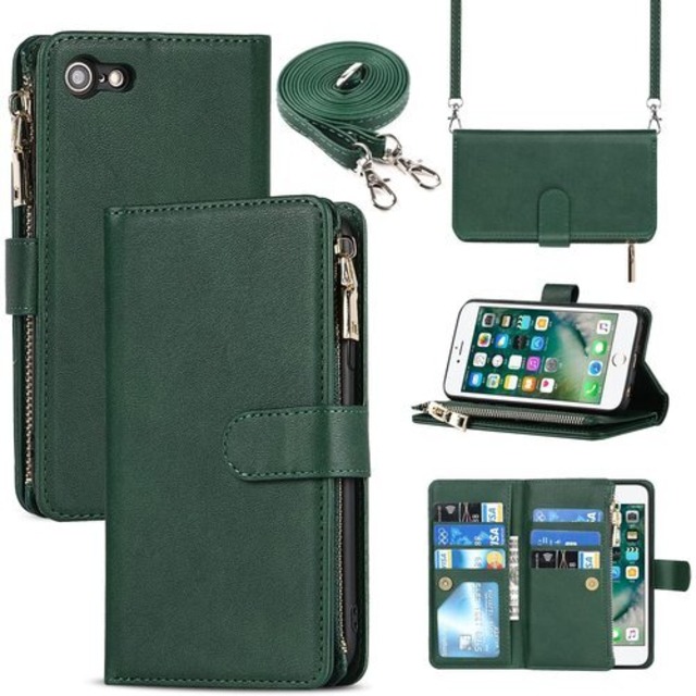 iPhone7 iPhone8 iPhoneSE 20 ne8 手帳 アイフォン7 ケース iphone7 case カバー iPhone SE 第二世代 第三世代 適用 iCoverCase ストラップホール付き カード収納 バッグ マグネット 留め具 肩がけ 首掛け 斜め掛け カードケース ファスナー型 ストラップ付き カバー ショルダーケース クロスボディケース カード入れ スマホケース 携帯カバー 深い緑 ダークグリーン 237