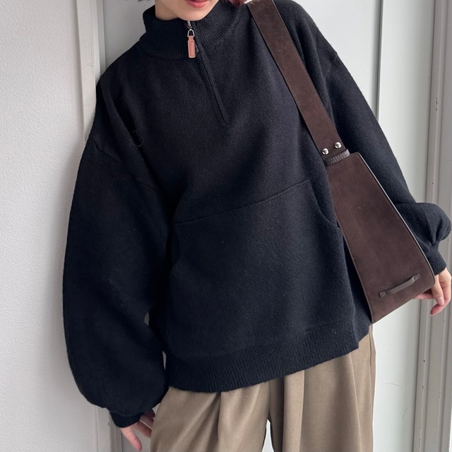 マフポケット付ハーフジップニットPO/ブラック