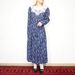 USA VINTAGE karin stevens FLOWER PATTERNED LACE COLLAR ONE PIECE/アメリカ古着花柄レース襟ワンピース