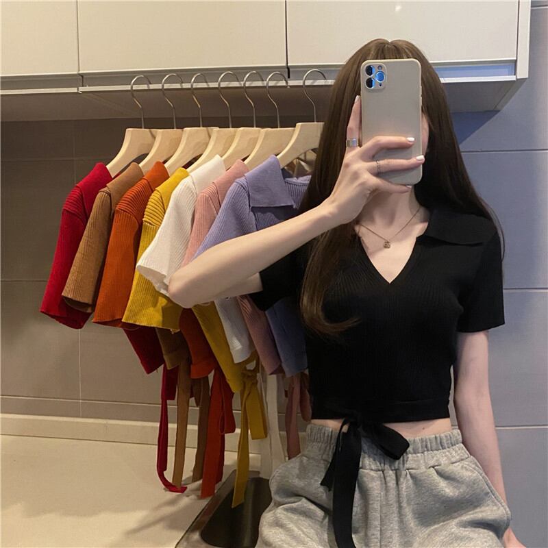 Vネックショートニットトップス サマーブラックTシャツ 夏物 YY-ファッション21100332081