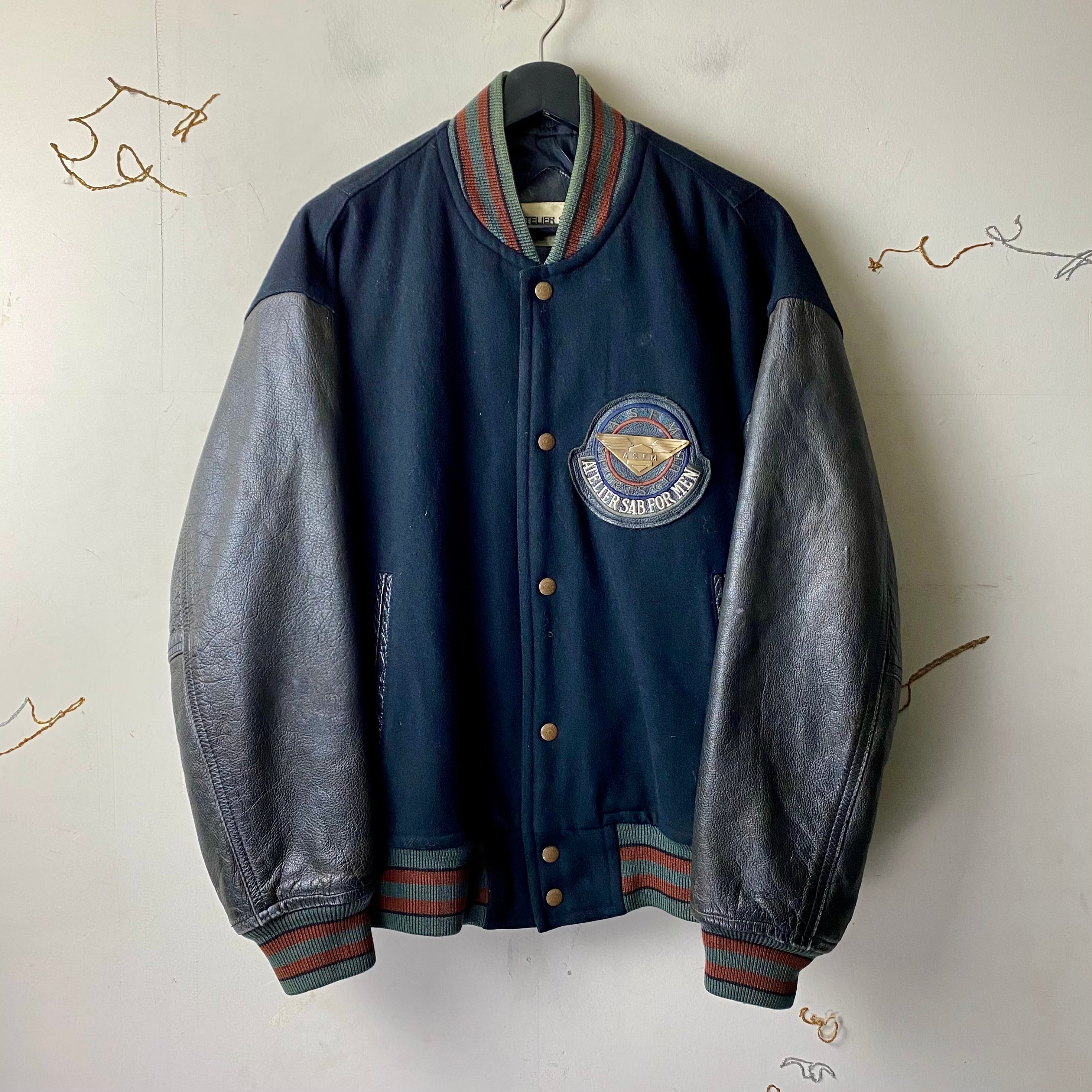 vintage ATELIER SAB FOR MEN leather sleeves all black blouson 