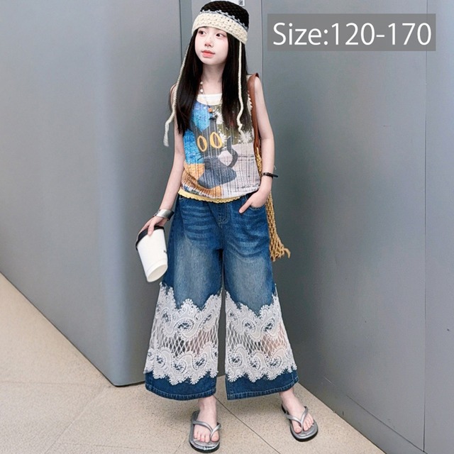 レース デニムワイドパンツ