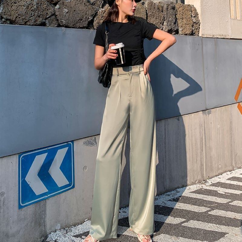 春夏新作 サテンパンツ レディース ワイドパンツ ロング ワイドパンツ レディース 大きいサイズ ワイドパンツ レディース おしゃれ ハイウエスト とろみパンツ パンツ ボトムス 春新作 春 春服 夏新作 夏 夏服 春夏 新作 グリーン ブラック 黒 P46 Kirari きらり