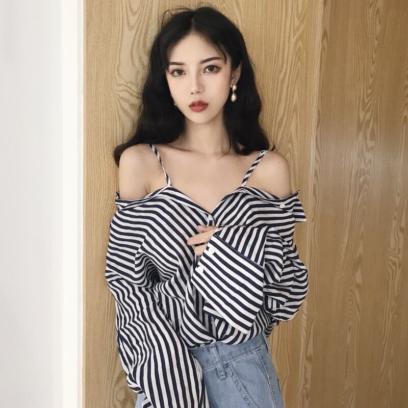 2020年春の新スタイルデザインセンスニッチストライプワンウェイネックストラップレスミドル丈長袖シャツトップス 1号婦人29310032772