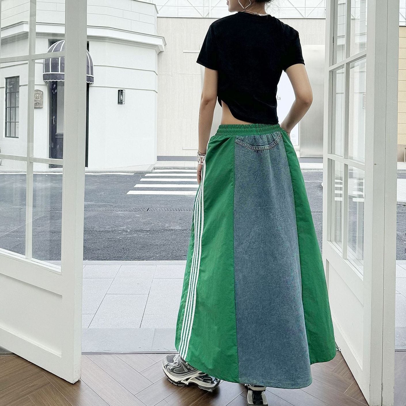 スカート maya DENIM STITCH SIDE LINED A-LINE LONG CASUAL SKIRT 3colors M-9358