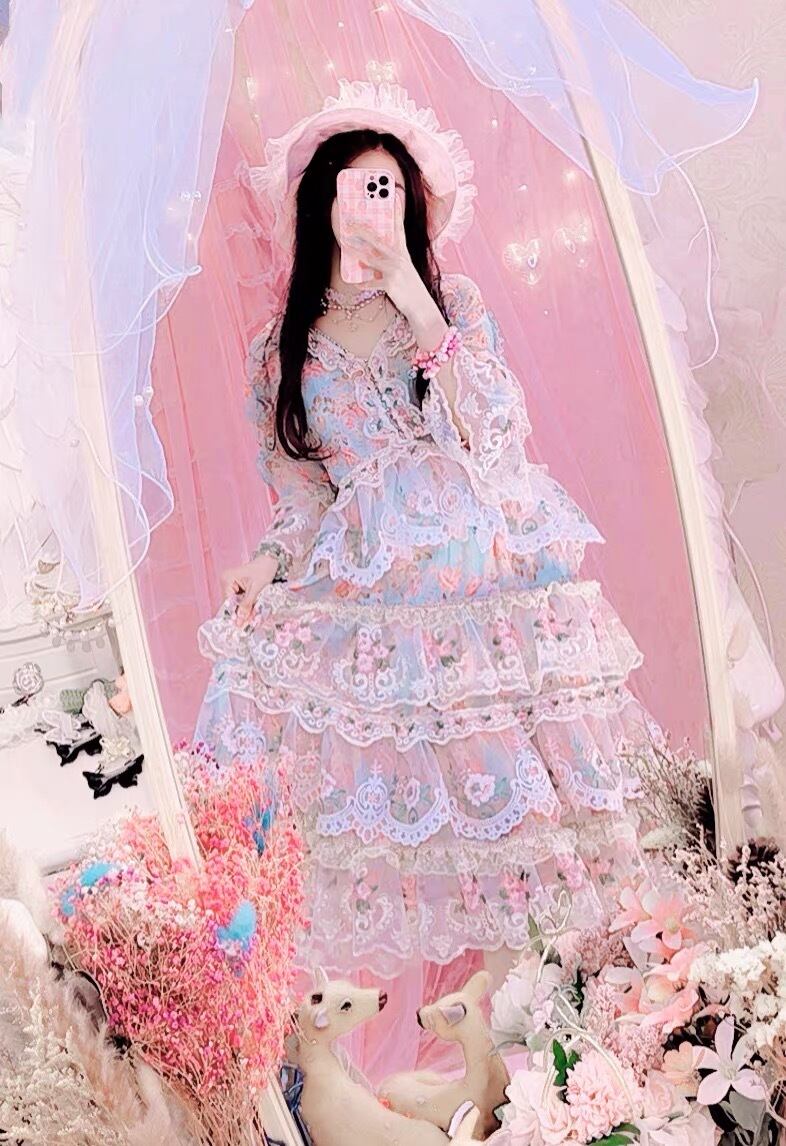 水色 グラデーション フリル 水色 ピンク ブラウス エレガント